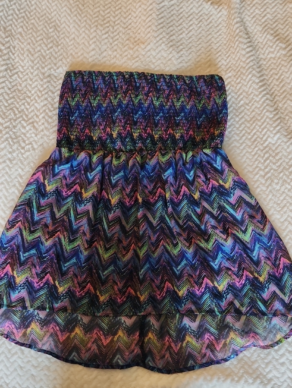 No Boundaries Strapless Smocked Top with Colorful Chevron Pattern